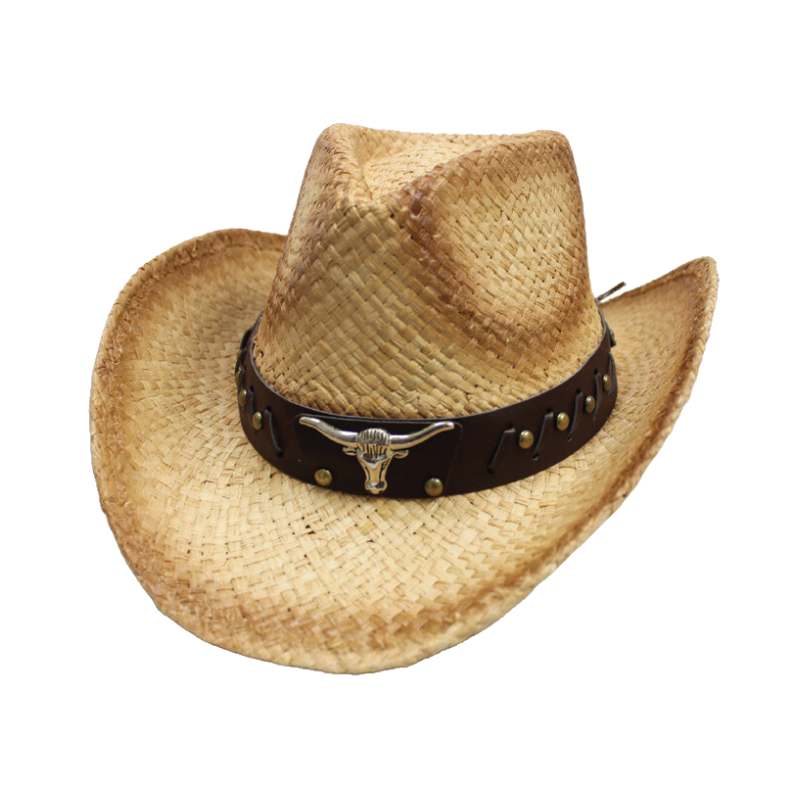 Western Tea Stain Cowboy Hat with Bull Emblem