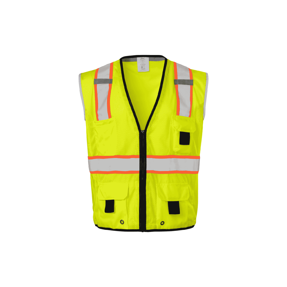 Class 2 Lime Safety Vest with Two Tone Tape and Zipper Closure (11 Pockets)